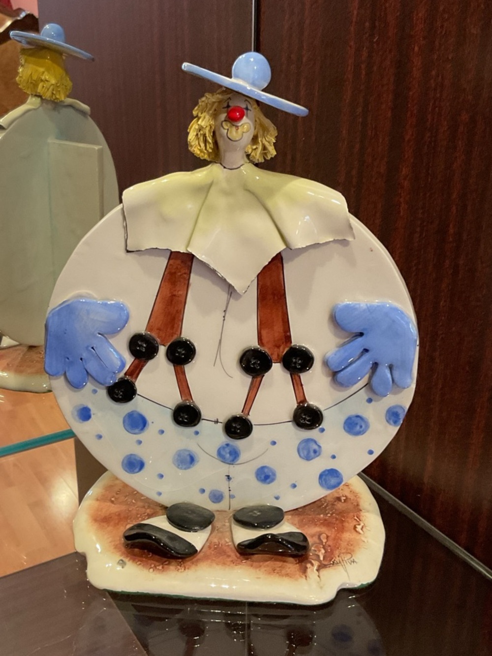 Handcrafted Zampiva Ceramic Clown Figurine in White and Light Blue